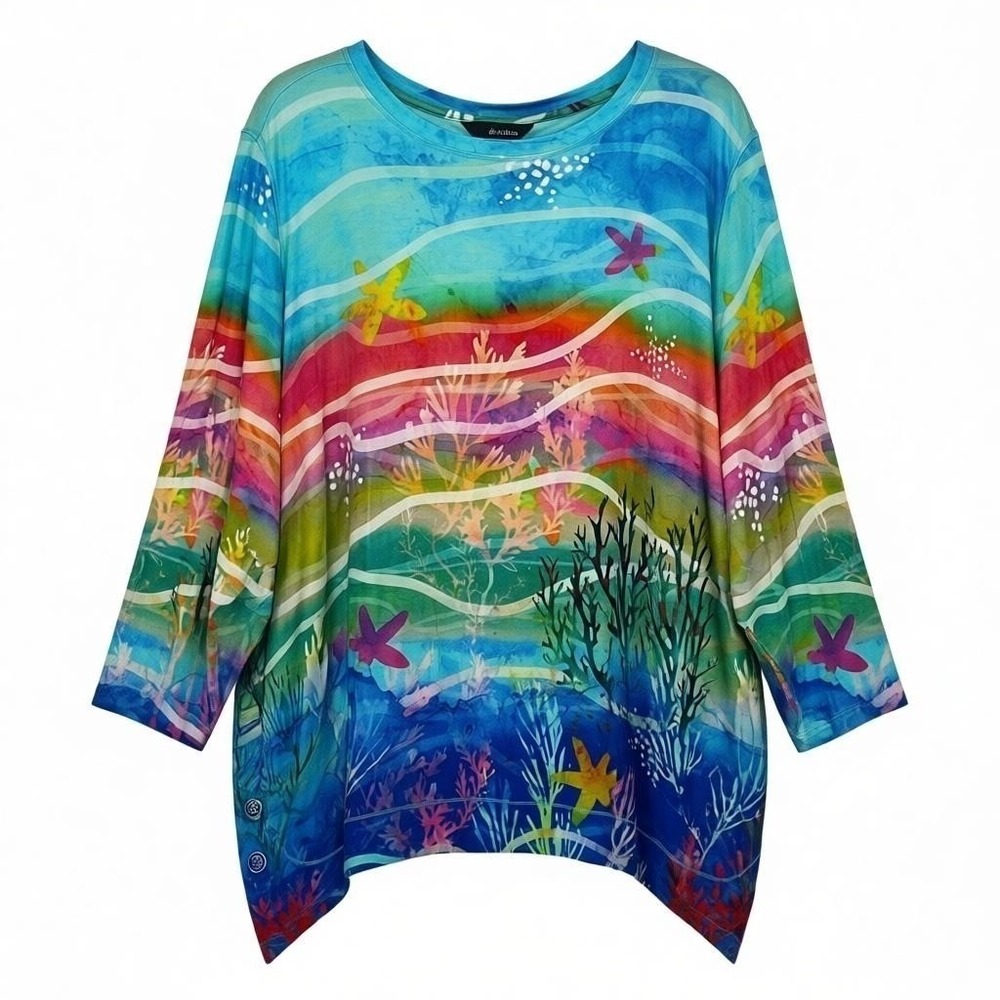 NEW Ali Miles Women's 3X Blue Rainbow Coral Reef 3/4 Sleeve Top Shirt Soft Knit